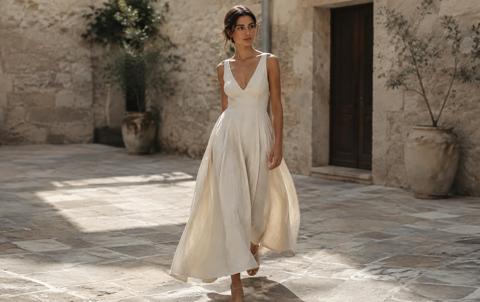 Woman in an ivory linen dress